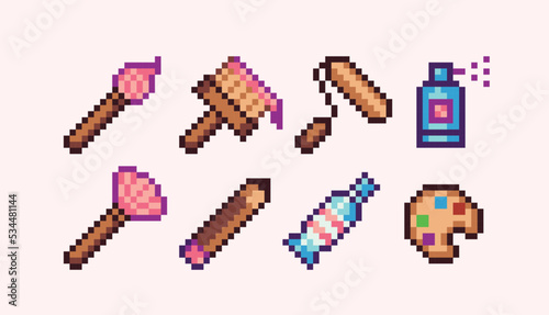 Painting tools pixel art set. Artist equipment collection. Paintbrushes and paint tubes. 8 bit sprite. Game development, mobile app.  Isolated vector illustration.