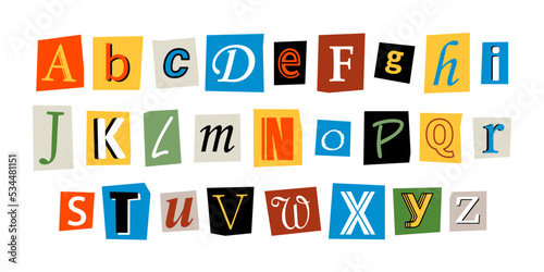 Vector ransom font. Letters cut-outs from newspaper or magazine. Character set. Criminal alphabet. Ransom colorful text. photo