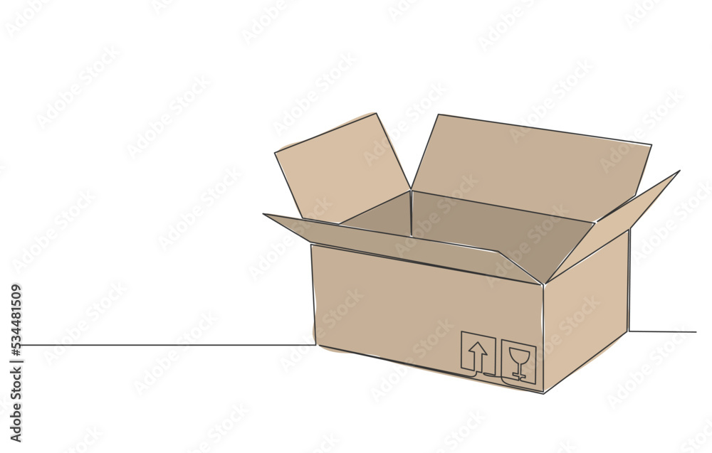 singe line drawing of open cardboard box isolated on white background, line art vector illustration