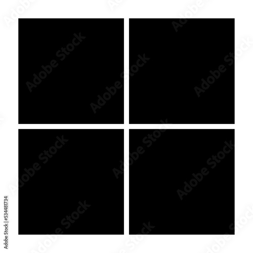 Black fill, no stroke. Square divided in four parts, into quarters. 2x2 grid. Isolated png illustration, transparent background. Asset for overlay, montage, collage, presentation. Business concept.