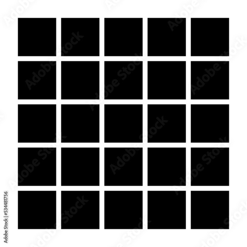 Black fill, no stroke. Square divided into twenty five, 25, parts. 5x5 grid. Isolated png illustration, transparent background. Asset for overlay, montage, collage, presentation. Business concept.