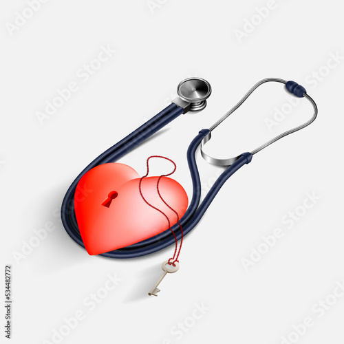 Stethoscope and heart. Vector illustration of realistic stethoscope and abstract heart isolated on white background. Sketch for creativity.