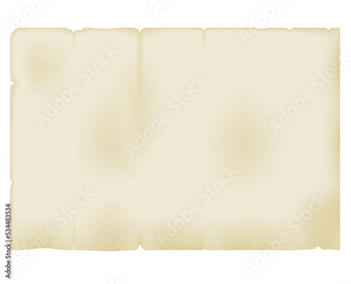 an old piece of parchment paper with torn and yellowed edges. Isolated on a white background