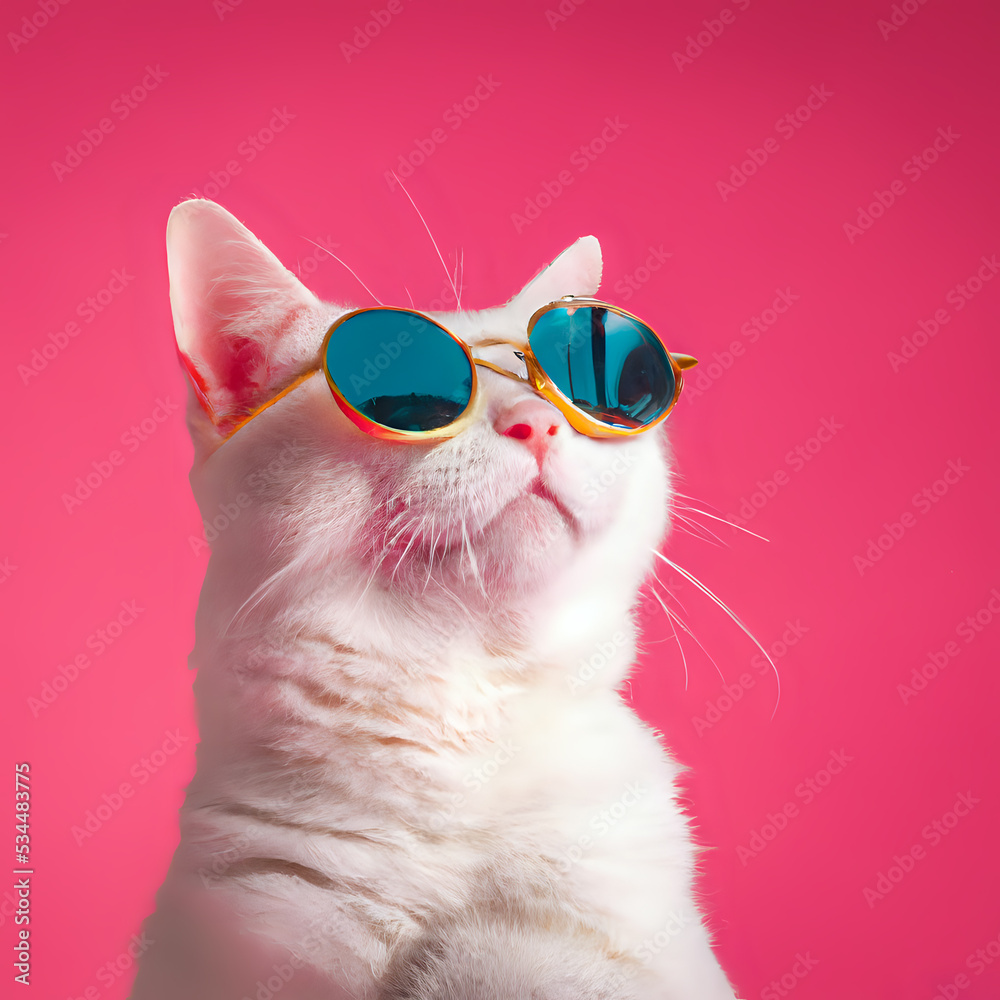 Funny cat with sunglasses on a pink background - digital art Stock  Illustration