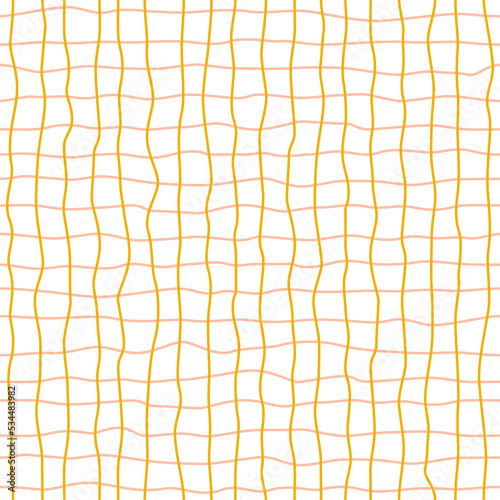 Minimalist checkered lines with pink and orange distorted grid on white background. Vector seamless pattern geometric background
