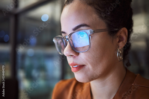 Night business woman with computer on glasses reflection for company innovation or eyes healthcare in digital, information technology career. Corporate manager reading, coding or software development