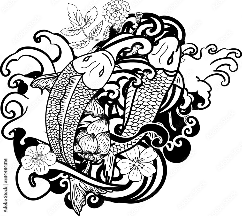 Beautiful doodle art Koi carp tattoo design. Stock Vector | Adobe Stock