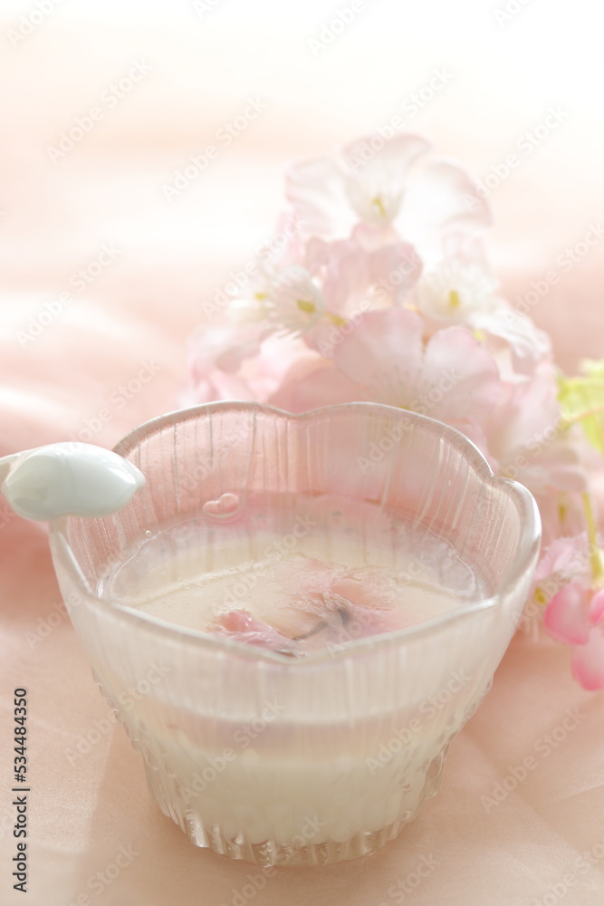 Japanese spring dessert, homemade edible cherry blossom jelly Japanese spring dessert, homemade edible cherry blossom jelly