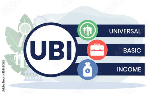 UBI - Universal Basic Income acronym. business concept background. vector illustration concept with keywords and icons. lettering illustration with icons for web banner, flyer, landing page