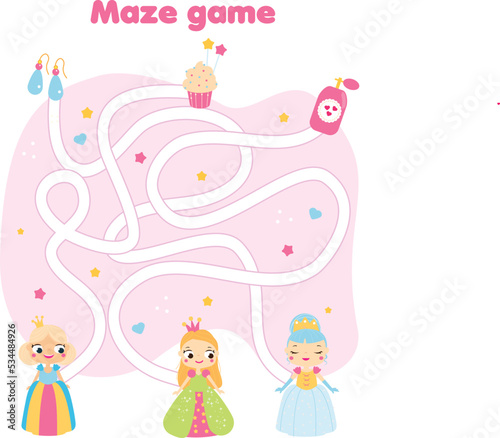 Maze puzzle. Help princess find objects. Activity for toddlers and kids. educational children game