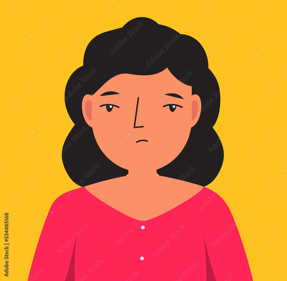 Upset woman. Female with unhappy face. Sad human face. Vector illustration for people emotions