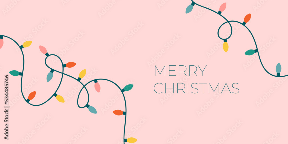 Christmas lights banner on a pink background. Flat modern cute bulbs on a string. Perfect for New Year letter, invitation, flyer template.