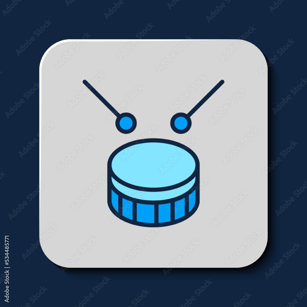 Filled outline Drum with drum sticks icon isolated on blue background. Music sign. Musical instrument symbol. Vector Filled outline Drum with drum sticks icon isolated on blue background. Music sign. Musical instrument symbol. Vector