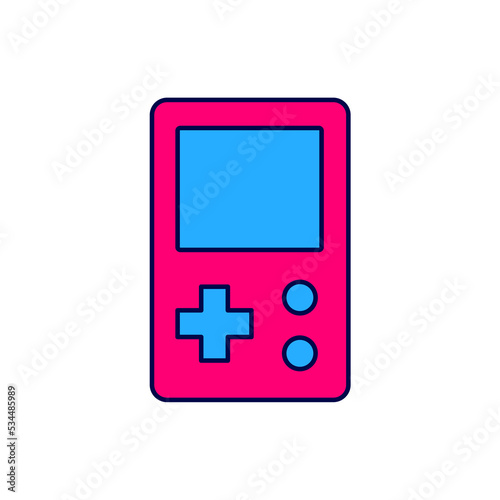 Filled outline Portable tetris electronic game icon isolated on white background. Vintage style pocket brick game. Interactive playing device. Vector