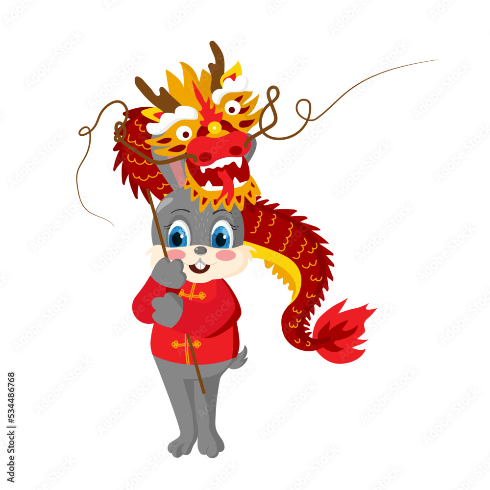 A cute hare is holding a dancing dragon. Symbol of the new year. Chinese New Year 2022. Cartoon animal perfect for Happy New Year greeting card, banners, app. A cute hare is holding a dancing dragon. Symbol of the new year. Chinese New Year 2022. Cartoon animal perfect for Happy New Year greeting card, banners, app.