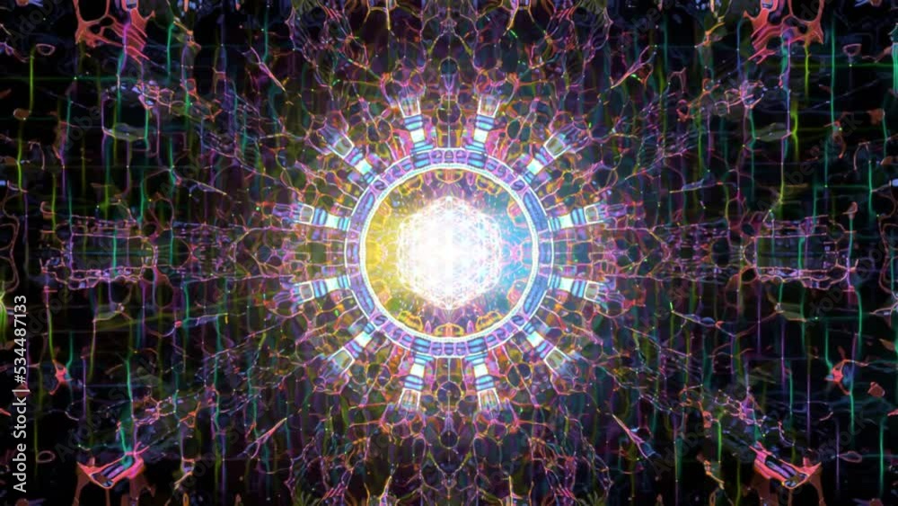 Mandala Background wallpaper illustration cgi colorful trippy pattern 4k animation meditation 3D mandala spiritual tunnel with sacred geometry light