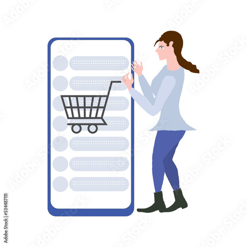 Online Mobile shopping consept. A Girl buy things in the online store. Shopping on social networks through phone. 