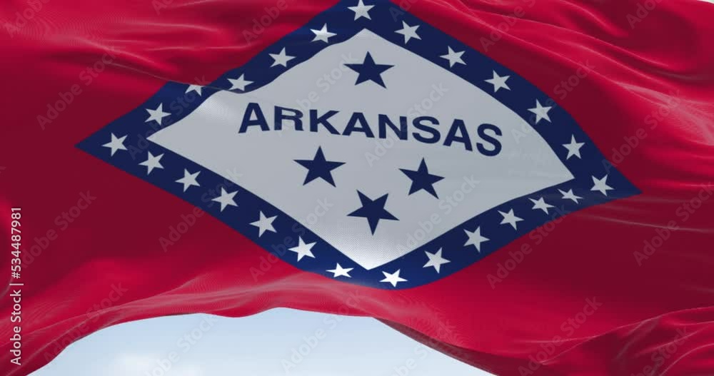 Close-up view of the Arkansas state flag waving in the wind Close-up view of the Arkansas state flag waving in the wind