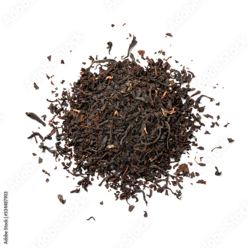 Heap of dried Ostfriesen tea leaves isolated on white background