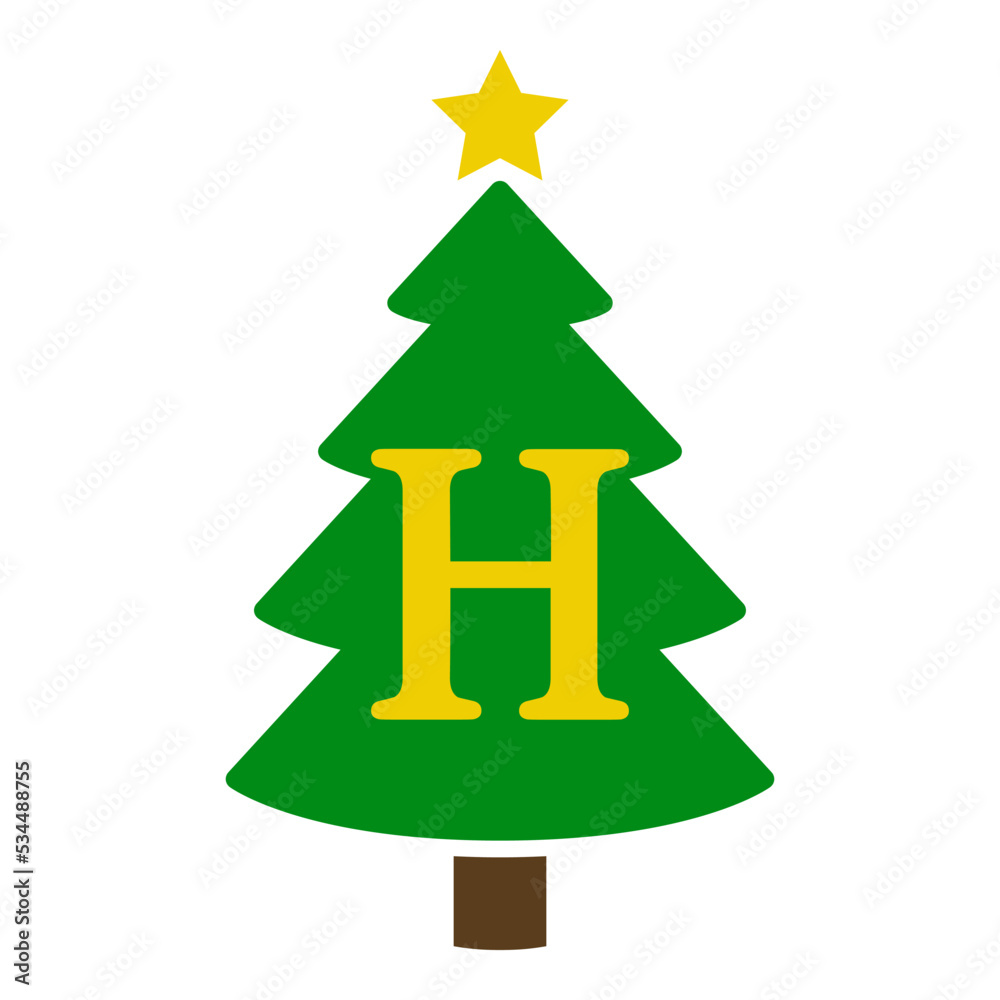 Logo con letra inicial H en silueta de árbol de navidad abstracto con estrella. Icono plano aislado