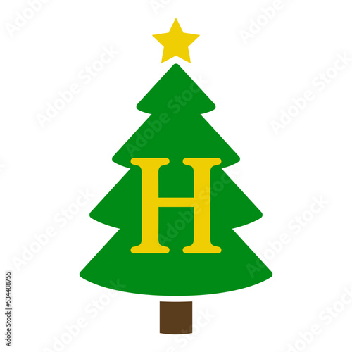 Logo con letra inicial H en silueta de árbol de navidad abstracto con estrella. Icono plano aislado