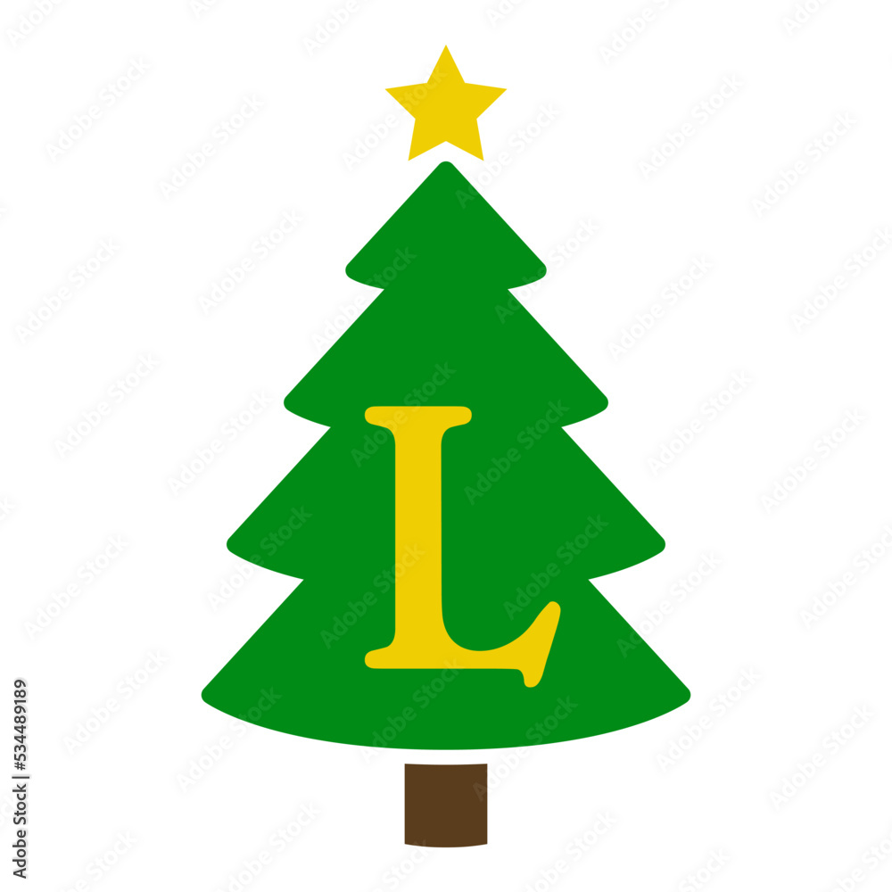 Logo con letra inicial L en silueta de árbol de navidad abstracto con estrella. Icono plano aislado