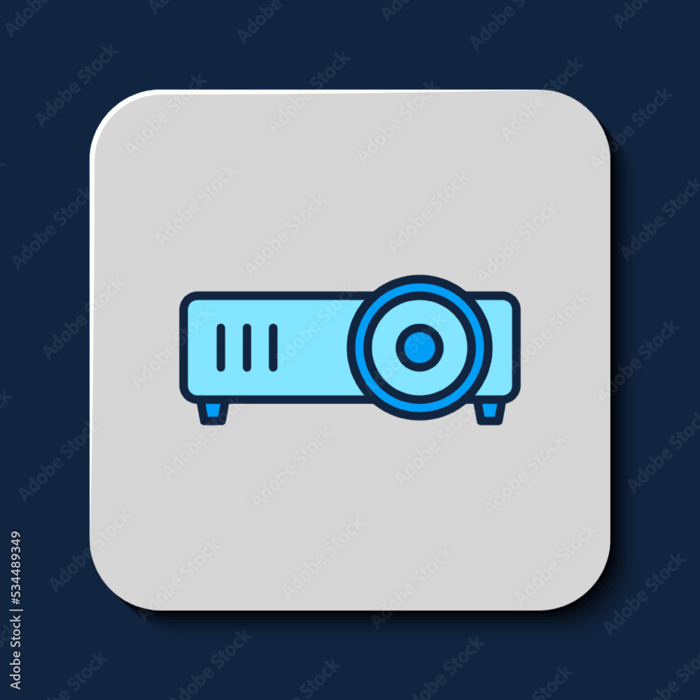 Filled outline Presentation, movie, film, media projector icon isolated on blue background. Vector