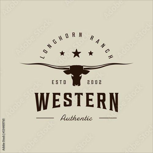 longhorn texas logo vector vintage illustration template icon graphic design. head of cow or buffalo sign or symbol for animal wildlife or ranch business with retro typography style photo