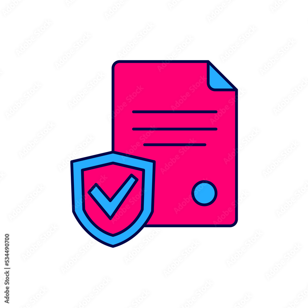 Filled outline Contract with shield icon isolated on white background. Insurance concept. Security, safety, protection, protect concept. Vector Filled outline Contract with shield icon isolated on white background. Insurance concept. Security, safety, protection, protect concept. Vector