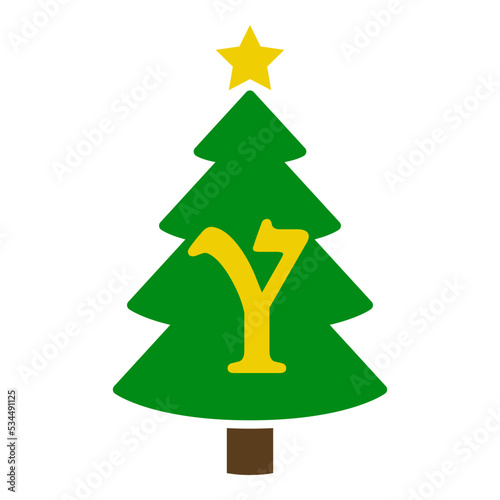 Logo con letra inicial Y en silueta de árbol de navidad abstracto con estrella. Icono plano aislado