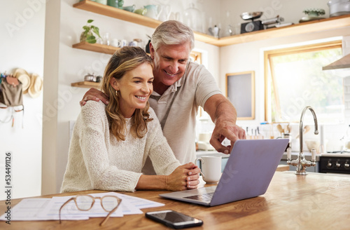 Happy pension couple with laptop and paperwork for retirement planning, online ecommerce website or digital bank application investment. Elderly, senior people for life insurance or asset management photo