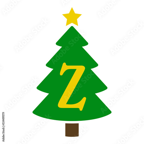 Logo con letra inicial Z en silueta de árbol de navidad abstracto con estrella. Icono plano aislado