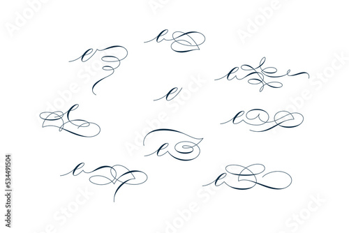 Set of beautiful calligraphic flourishes on letter e isolated on white background for decorating text and calligraphy on postcards or greetings cards. Vector illustration.