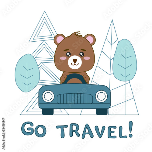 Cute bear driving the car cartoon illustration.