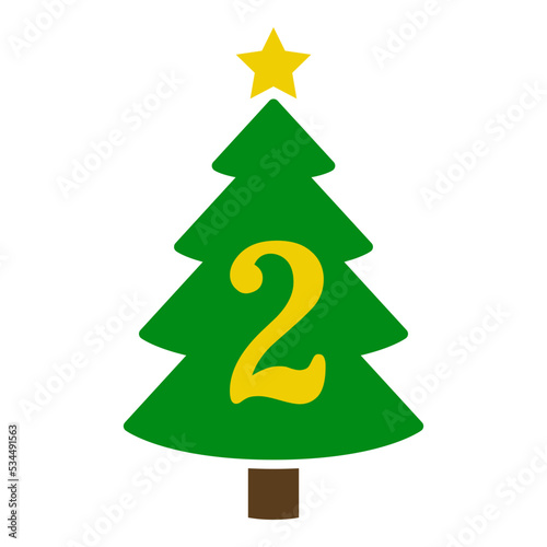 Logo con número 2 en silueta de árbol de navidad abstracto con estrella. Icono plano aislado