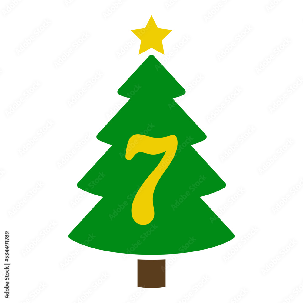 Logo con número 7 en silueta de árbol de navidad abstracto con estrella. Icono plano aislado