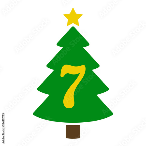 Logo con número 7 en silueta de árbol de navidad abstracto con estrella. Icono plano aislado
