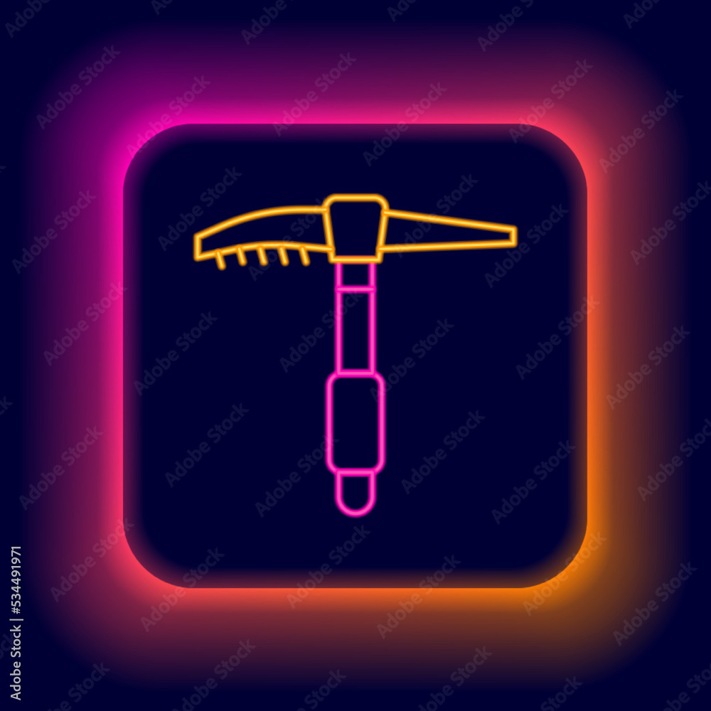 Glowing neon line Ice axe icon isolated on black background. Montain climbing equipment. Colorful outline concept. Vector Glowing neon line Ice axe icon isolated on black background. Montain climbing equipment. Colorful outline concept. Vector