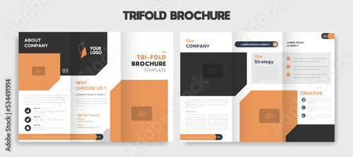 Modern editable trifold brochure template design vector illustration with black orange color background