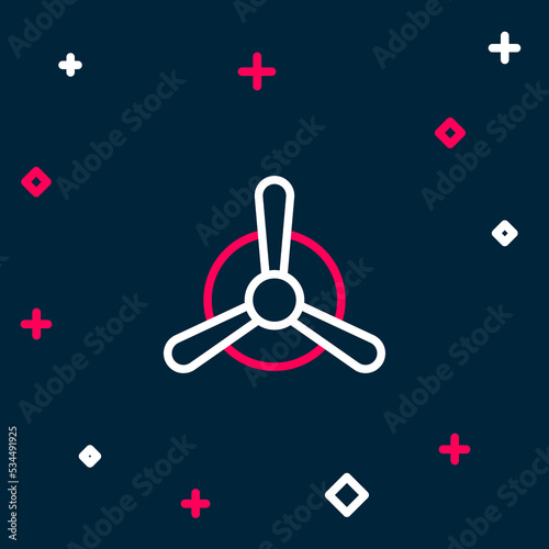 Line Plane propeller icon isolated on blue background. Vintage aircraft propeller. Colorful outline concept. Vector