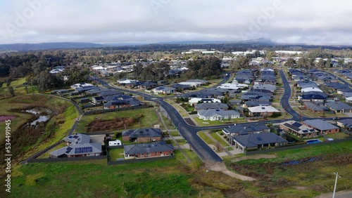 Drone footage of Killara panning right in Wodonga, Victoria Australia during a foggy morning. photo