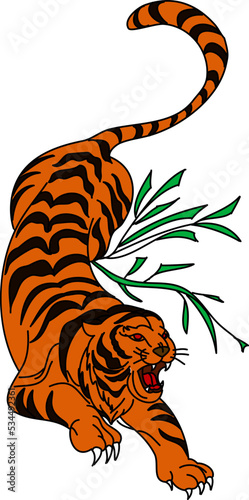 Tiger Sticker tattoo design,Cartoon tiger on black background.Vector