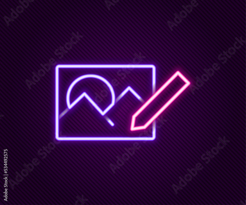 Glowing neon line Photo retouching icon isolated on black background. Photographer, photography, retouch icon. Colorful outline concept. Vector