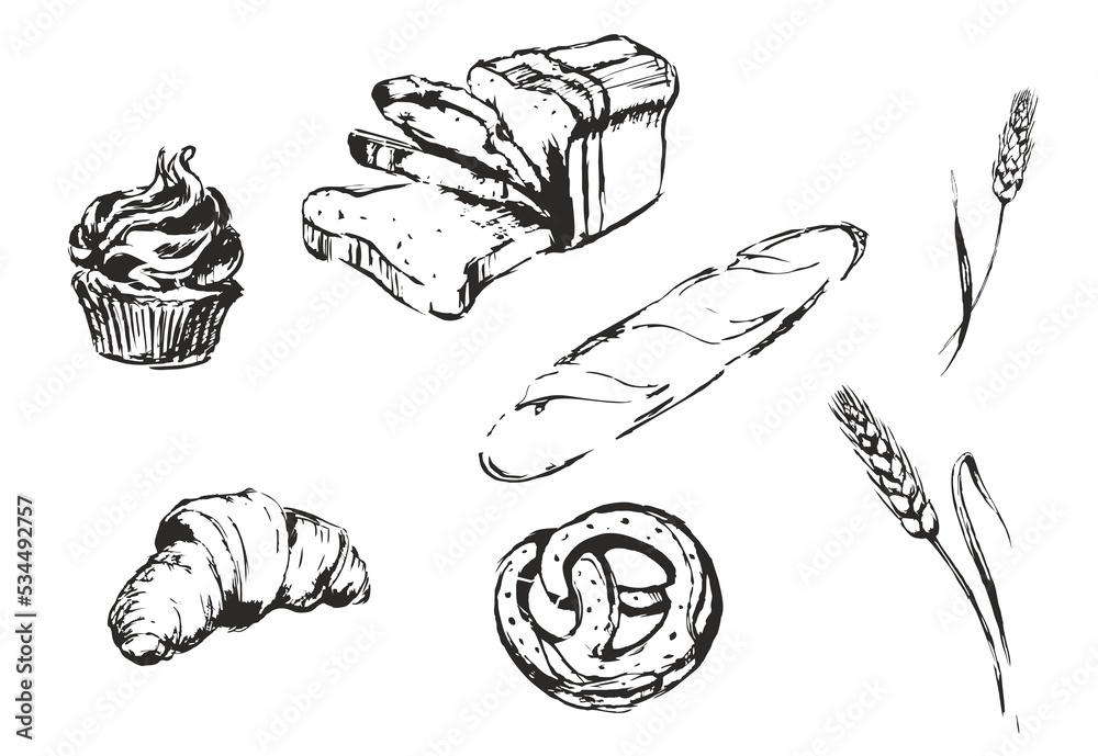 collection of bakery and pastry sketch illustration elements, set, sign ...