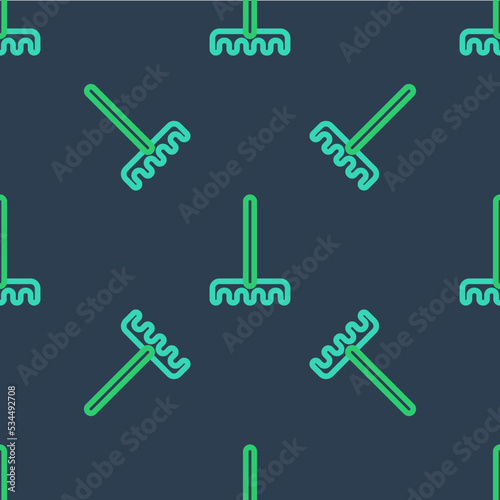 Line Garden rake icon isolated seamless pattern on blue background. Tool for horticulture, agriculture, farming. Ground cultivator. Housekeeping equipment. Vector