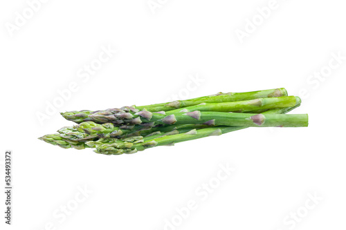 Fresh ripe green asparagus in bunch isolated on a white background. Full Depth of field. Focus stacking