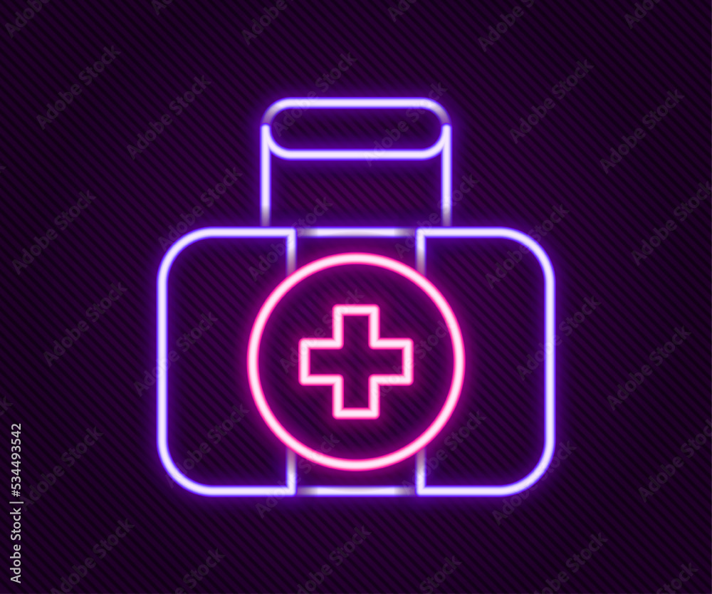Glowing neon line First aid kit icon isolated on black background. Medical box with cross. Medical equipment for emergency. Healthcare concept. Colorful outline concept. Vector
