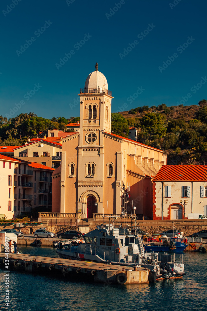 Port-Vendres, France, 10 November 2017: Santa Maria de Portvendres church in Port-Vendres, a port town in the Vermilion coast of the Mediterranean Sea, France
