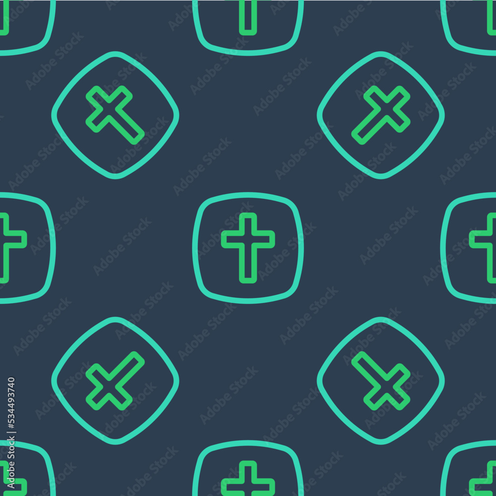 Line Christian cross icon isolated seamless pattern on blue background. Church cross. Vector