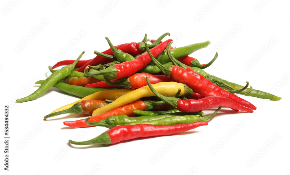Mixed Color Fresh Cayenne Peppers Isolated on White Background